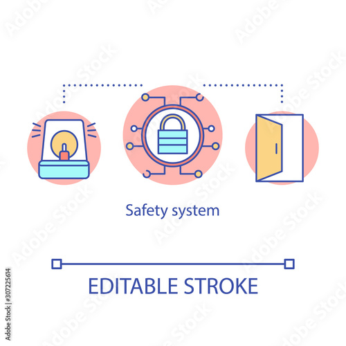 Safety system concept icon. Home burglar alarm automation. Theft alert technology. House protection smart system idea thin line illustration. Vector isolated outline drawing. Editable stroke