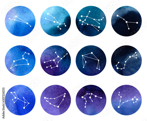 Set of zodiac constellations on watercolor background. Vector zodiac signs.