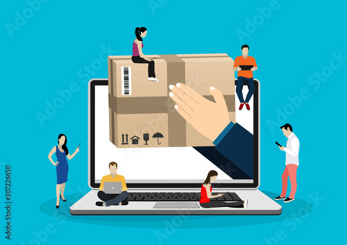 E-commerce cart concept illustration of young people using mobile gadgets such as tablet and smartphone for online purchasing and ordering goods. Flat guys and women sitting on the ecommerce symbol