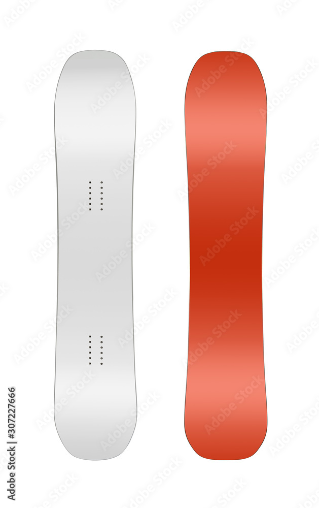 Front and red back views of snowboard isolated on white background