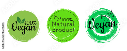 Vector round eco, bio green logo or badge. the lettering is 100% vegan. Organic design template