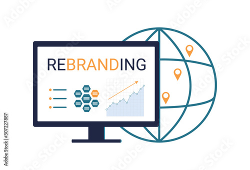 Rebranding and creating a new look for a product or company in the global market. Creating a brand’s marketing strategy, changing the name, logo. Flat vector illustration isolated on white background