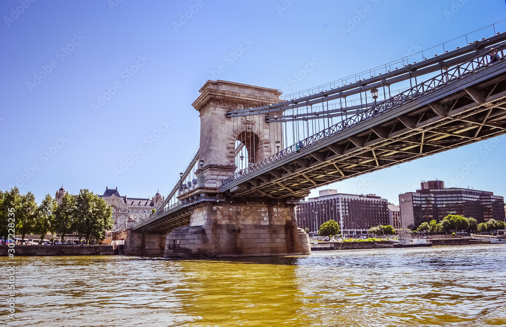 Chain Bridge, Landmark 19th-century suspension bridge. Budapest