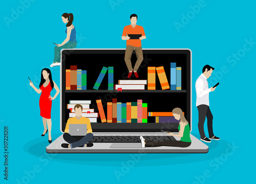 E-learning concept illustration of young people using laptop and smartphone for distance learning and education. Flat design