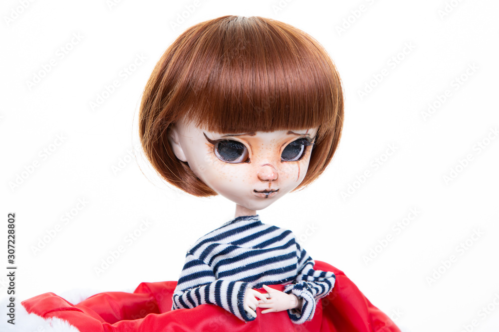 dolls head body hands are visible under synthetic white red fur holidays greeting card dolls head body hands are visible under synthetic white red fur holidays greeting card
