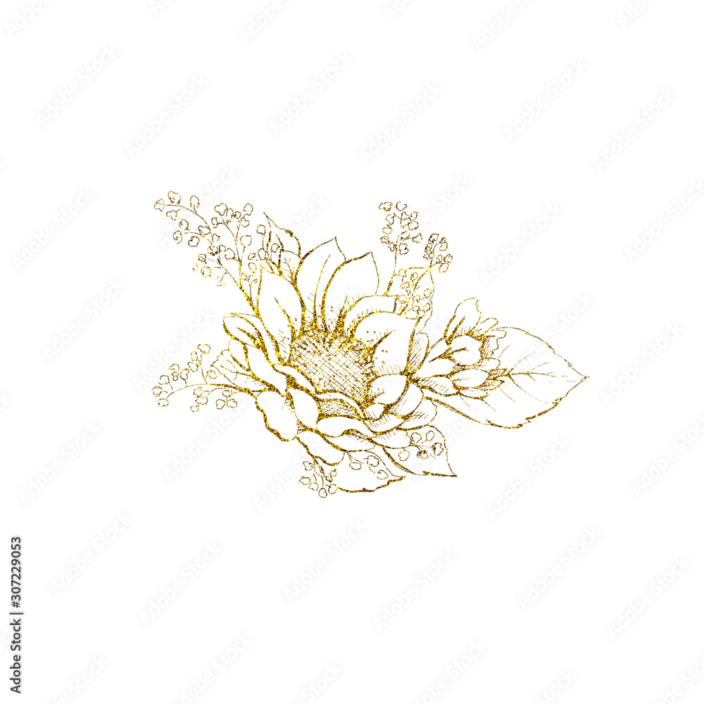 Decorative golden sunflowers, design elements. Can be used for cards, invitations, banners, posters, print design. Golden floral background in line art style Decorative golden sunflowers, design elements. Can be used for cards, invitations, banners, posters, print design. Golden floral background in line art style