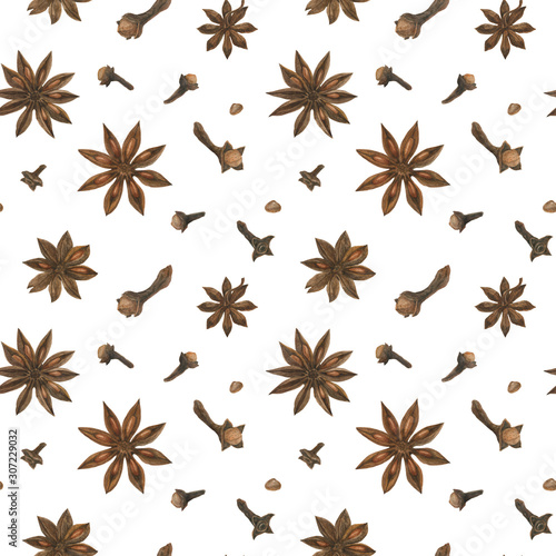 Dried clove and star anise white seamless pattern