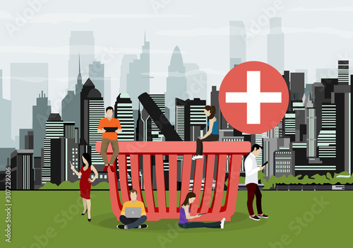 E-commerce cart concept illustration of young people using mobile gadgets such as tablet and smartphone for online purchasing and ordering goods. Flat guys and women sitting on the ecommerce symbol