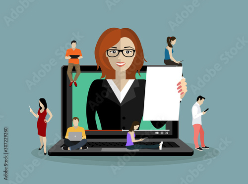 E-learning concept illustration of young people using laptop and smartphone for distance learning and education. Flat design