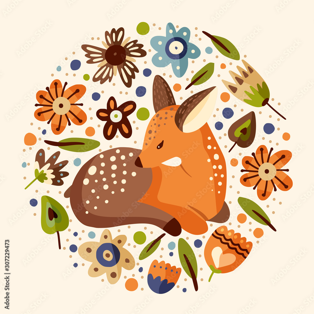 Cute vector illustration with a little fawn woodland animal in a flat style. Forest nature round vintage reindeer postcard with botanical floral elements - flowers and foliage. Cute vector illustration with a little fawn woodland animal in a flat style. Forest nature round vintage reindeer postcard with botanical floral elements - flowers and foliage.