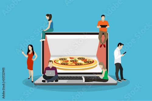 Ordering pizza online concept design. Flat illustration of young men and women standing near big laptop and using their own smart phones for ordering junk food via mobile app and paying online.