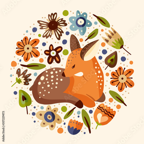 Cute vector illustration with a little fawn woodland animal in a flat style. Forest nature round vintage reindeer postcard with botanical floral elements - flowers and foliage.