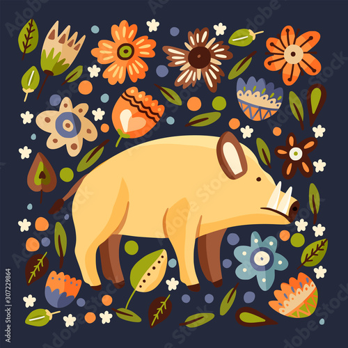 Wild boar woodland flat vector animal square illustration. Cute cartoon hog character with ornate floral botanical elements.
