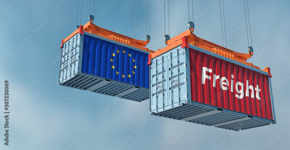 Freight container with European Union flag. 3D Rendering