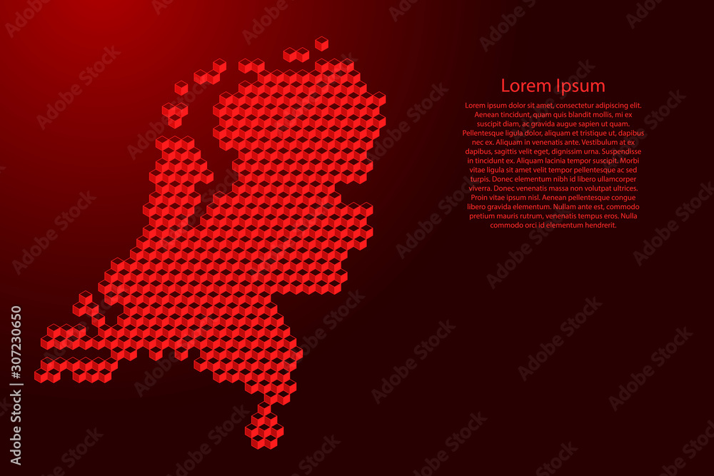 Netherlands map from 3D red cubes isometric abstract concept, square pattern, angular geometric shape, for banner, poster. Vector illustration.