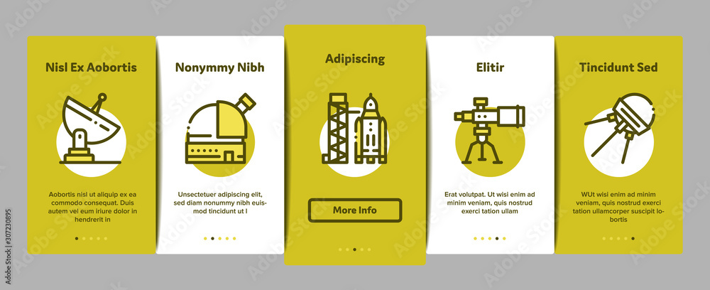 Fototapeta premium Astronaut Equipment Onboarding Mobile App Page Screen. Astronaut Spacesuit And Helmet, Shuttle And Satellite, Rocket And Asteroid Concept Illustrations