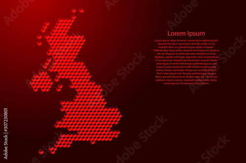 United Kingdom map from 3D red cubes isometric abstract concept, square pattern, angular geometric shape, for banner, poster. Vector illustration.
