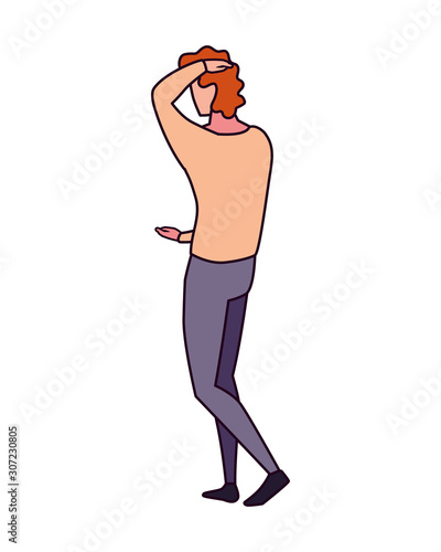 young man of back position on white background