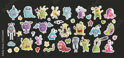 Huge vector cute funny monster clip art hand drawn collection. Colorful comic ugly party sticker character set.