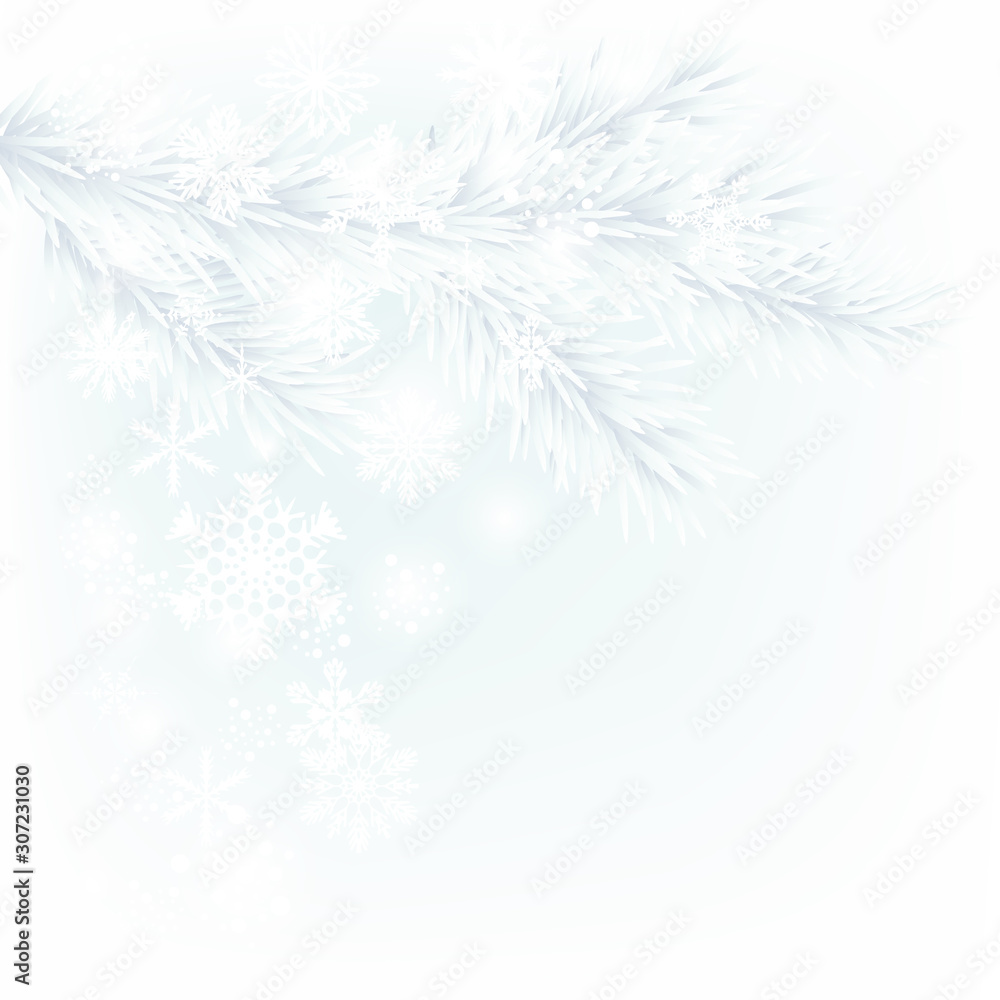 Christmas tree. Blue. Silver. Holiday illustration. White snowflakes. Branch. New Year.  Winter.