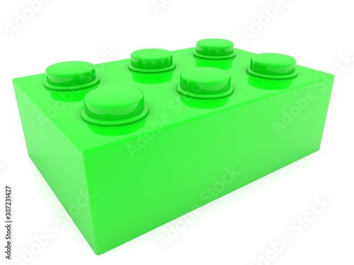 Green colored toy brick on white background