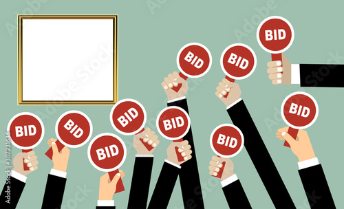 Auction and bidding concept. Hand holding auction paddle. Flat vector illustration.