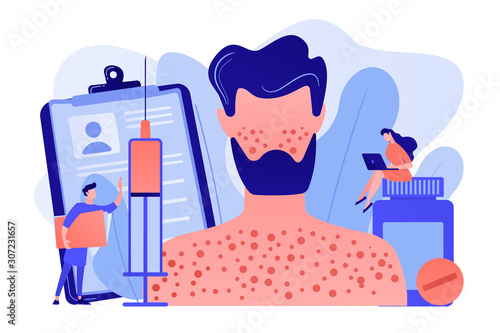Doctors and male patient with rush on skin allergic to pills and a syringe. Drug allergy, triggers of drug allergies, allergy risk factors concept. Pinkish coral bluevector vector isolated