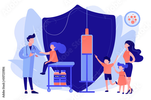 Pediatrician giving girl injection. Vaccination of preteens and teens, older children immunization, prevent your kids from diseases concept. Pinkish coral bluevector vector isolated illustration