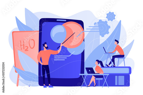 Professor teaching sudents science with help of tablet and augmented reality. Virtual reality, visual education, engaging teaching methods concept. Vector isolated illustration.