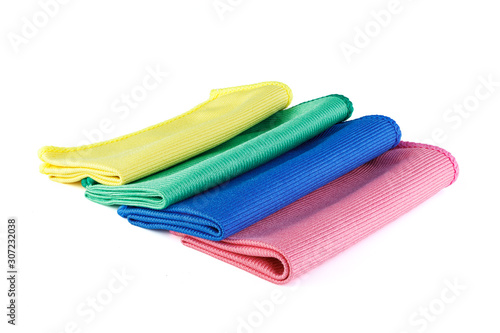 Multicolored Microfiber cleaning cloth Isolated on white background closeup . Full depth of field..