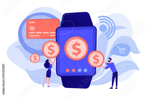 Users shopping and making contactless payment with smartwatch. Smartwatch payment, NFC technology and NFC payment concept on white background. Pinkish coral bluevector isolated illustration