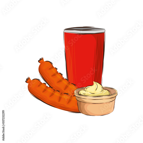 sausages with drink and sauces isolated icon vector illustration design