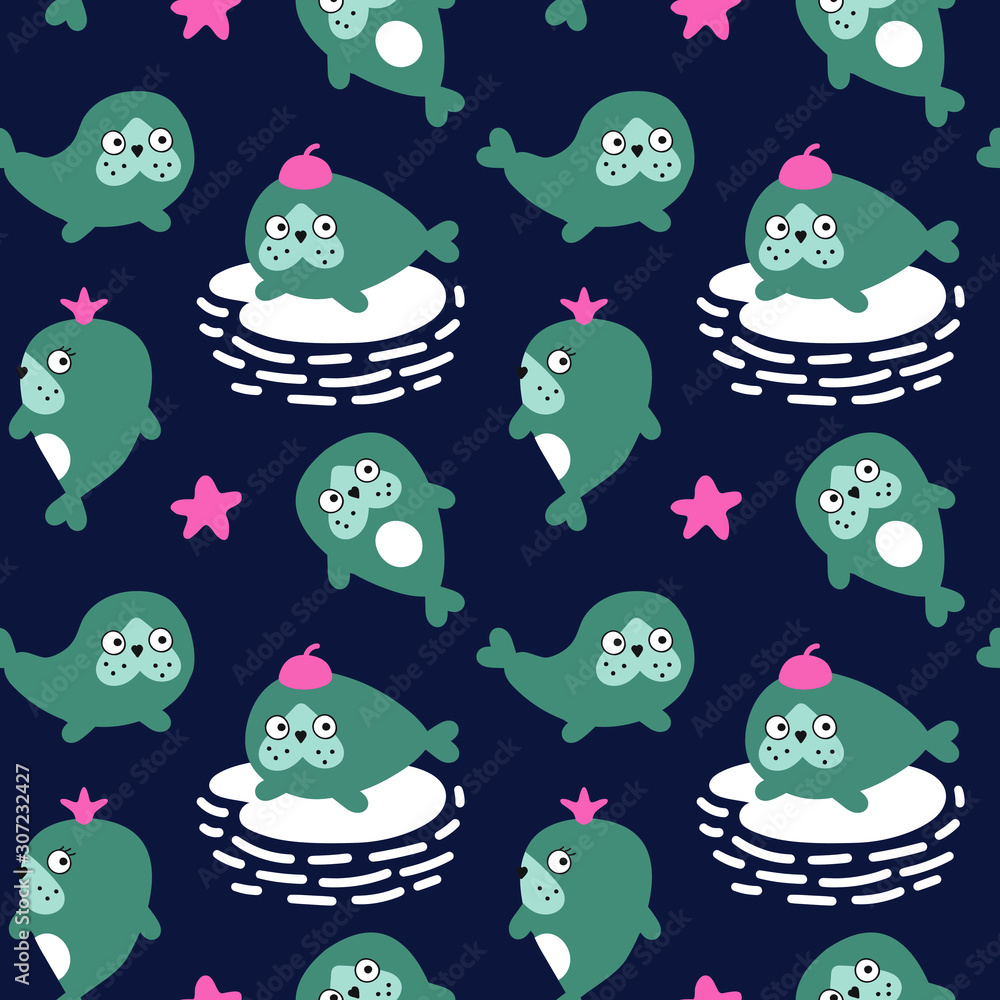 Fototapeta premium Seamless pattern with vector cute fur seals