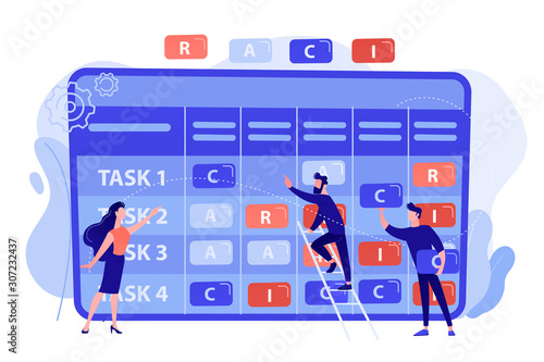 Tiny business people at responsibility chart with tasks. RACI matrix, responsibility assignment matrix, linear responsibility chart concept. Pinkish coral bluevector isolated illustration