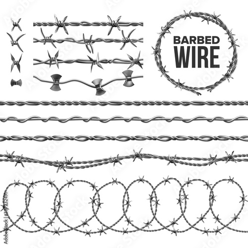 Barb Wire Collection With Razor Detail Set Vector. Modern Metallic Fencing Wire Chainlink With Sharp Elements For Area Protection. Industrial Barbwire Seamless Pattern Realistic 3d Illustrations photo