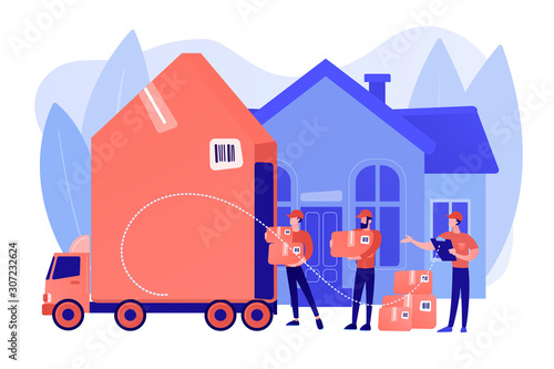 Home relocation, client boxes and cardboard containers in truck. Moving house services, door-to-door removals, best movers service concept. Pinkish coral bluevector isolated illustration
