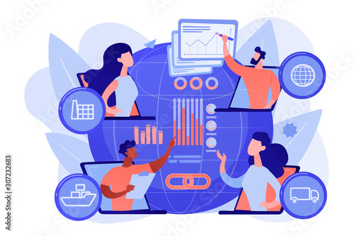 Global distribution, international cargo freight company. Supply chain management, logistics operations control, streamline your logistics concept. Pinkish coral bluevector isolated illustration