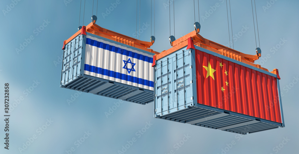 Two freight container with Israel and China flag. 3D Rendering
