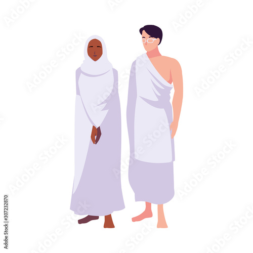 couple of people pilgrims hajj standing on white background