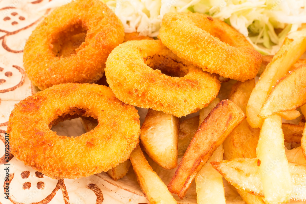 Fried Squid Rings with Fries and Cabbage Salad