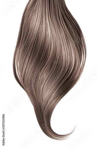 Brown shiny hair on white background  isolated. Long ponytail