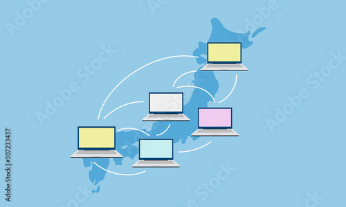 日本地図とテレワークのイラストイメージ
