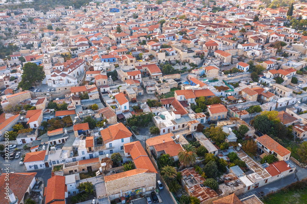 Aerial view of Pano Lefkara village in Larnaca district, Cyprus. Famous old village in mountains with orange roofs.