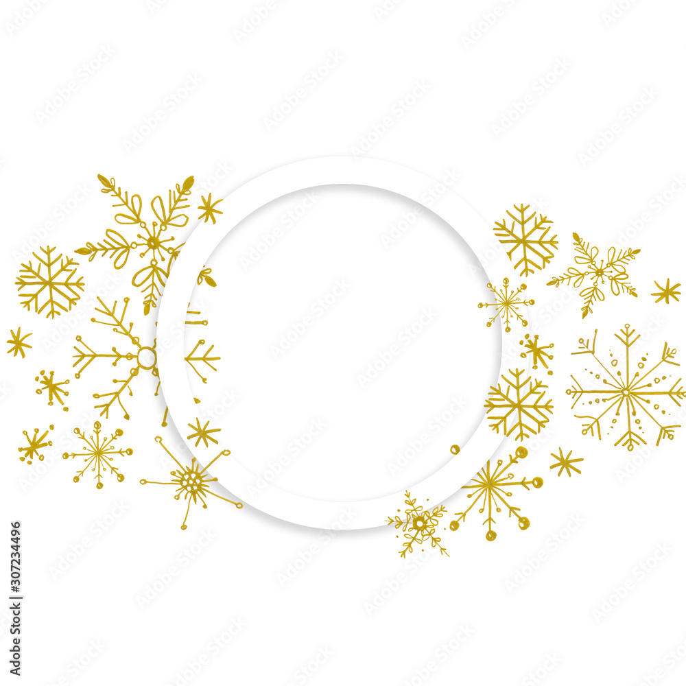 Hand painted Christmas golden snowflakes template. Decorative Snowflakes wreath in modern line style isolated on white background. Perfect for card, invitation, logo design, etc.