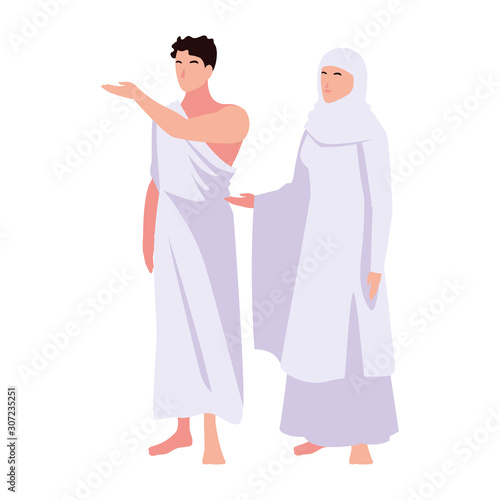 couple of people pilgrims hajj standing on white background