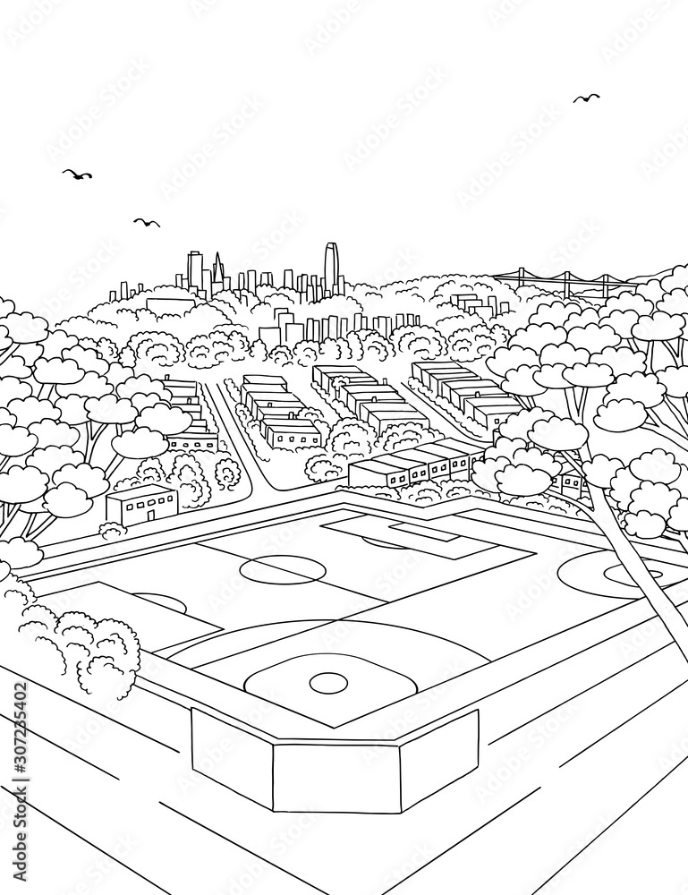 Obraz premium Illustration of a sports field with the skyline of San Francisco in the background