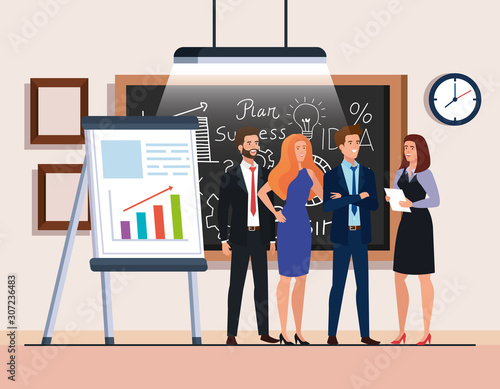 business people and chalkboard with business plan graphics vector illustration design