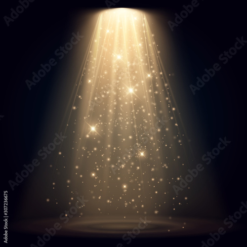 Spotlight isolated on transparent background. Vector glowing light effect with gold rays and beams