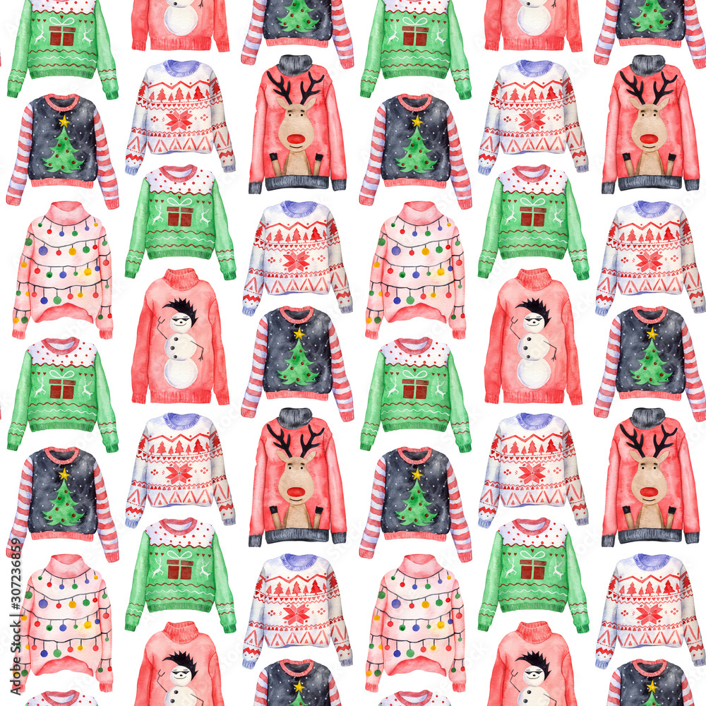 Watercolor pattern of ugly Christmas sweaters on white background. Christmas jumper day clothes.