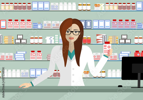 Pharmacist showing some medicine. Pharmaciy. Young woman at the workplace in a pharmacy: standing in front of shelves with medicines. Vector illustration